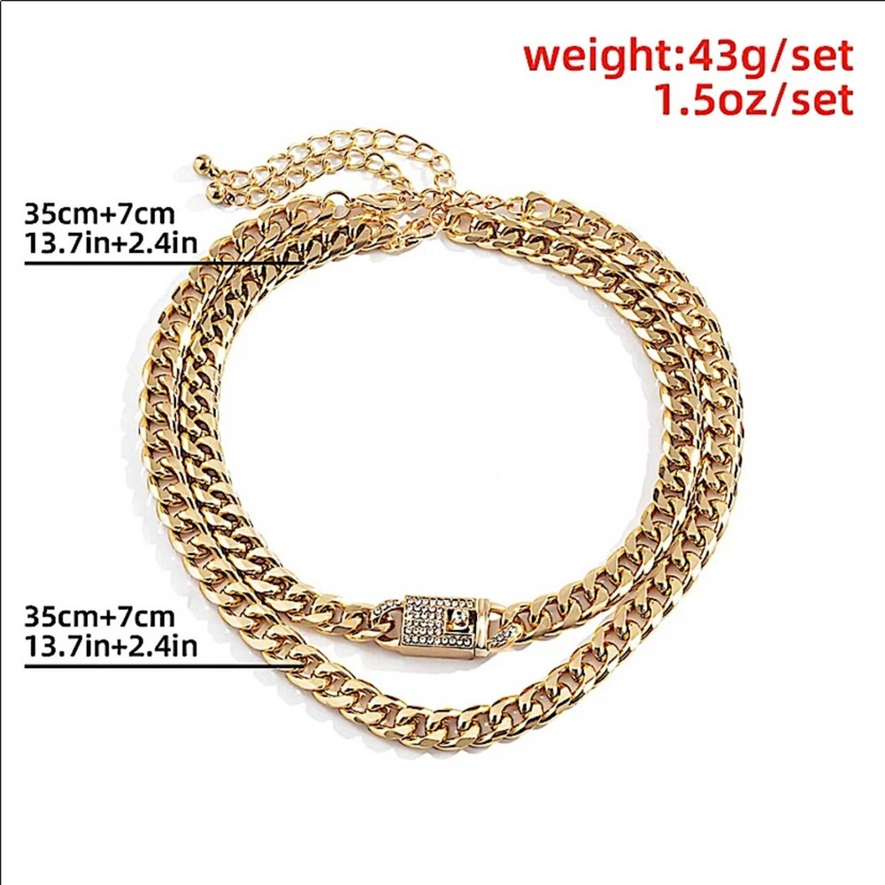 SILVER RHINESTONE LOCK CUBAN CHAIN LINK LAYER CHOKER NECKLACE - Picture 5 of 5